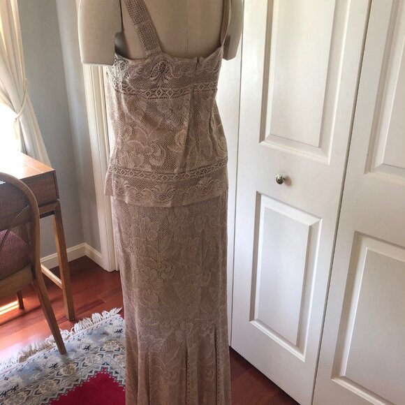 DAMIANOU 3 PIECE LACE SHIMMERY LONG DRESS WORN ONCE MOTHER OF BRIDE CHAMPAGNE - Picture 4 of 16